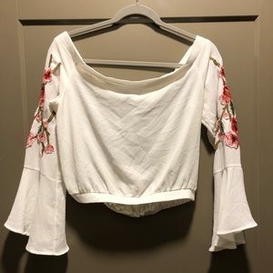 OTS White Top with Floral Embroidery, Bell Sleeves